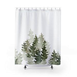 Sage Green Shower Curtain - Pine Tree Botanical Forest Watercolor, Long Waterproof Fabric
