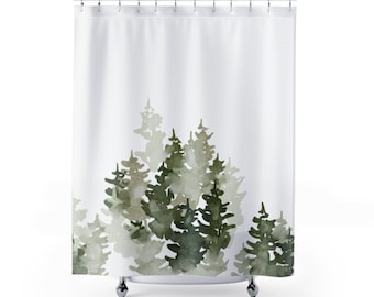 Sage Green Shower Curtain - Pine Tree Botanical Forest Watercolor, Long Waterproof Fabric