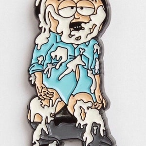 May include: A cartoon character with black hair is covered in white goo. The character is wearing a blue shirt and black pants. The character has a surprised expression on their face.