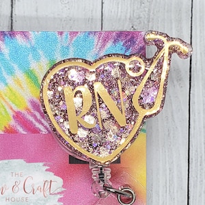 Registered Nurse Badge Reel, RN Badge Clip, RN Badge Holder, Nurse Badge Reel Cute, Nurse Badge Reel Heart, Stethoscope ID Tag, Pink/Gold