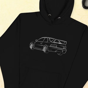 May include: Black hoodie with a white outline of a car on the front. The car is a Subaru Impreza.