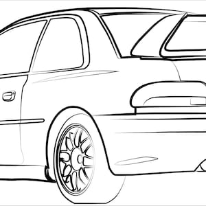 May include: A black and white line drawing of a car with a spoiler. The car is viewed from the side and rear, with the front wheel visible.