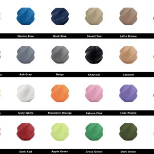 May include: A collection of decorative, swirled objects in various colors, including Sky Blue, Marine Blue, and Dark Blue. Other colors include Desert Tan, Latte Brown, and Dark Brown. The image also shows Charcoal, Caramel, and Terracotta.