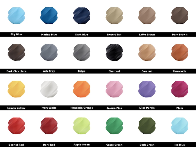 May include: A collection of decorative, swirled objects in various colors, including Sky Blue, Marine Blue, and Dark Blue. Other colors include Desert Tan, Latte Brown, and Dark Brown. The image also shows Charcoal, Caramel, and Terracotta.