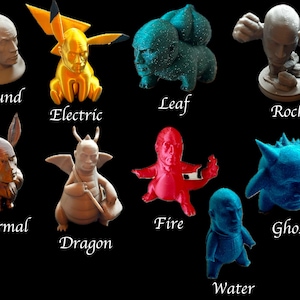 Puede incluir: Diez pequeñas figuritas, cada una representando un tipo de Pokémon diferente. Las figuritas están pintadas en varios colores, incluyendo amarillo, verde, rojo, azul y marrón. Las figuritas están dispuestas en un círculo sobre un fondo negro.