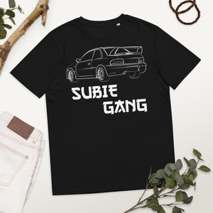 Subie Gang White | Japanese lettering jdm | JDM car lover gift | Subaru Impreza | Unisex organic cotton t-shirt