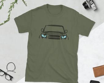 Brushed Land Rover Defender Outline T-Shirt Front and Back – Classic Car Lovers' Short-Sleeve Unisex T-Shirt