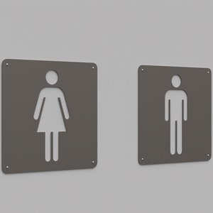Può includere: Due cartelli per servizi igienici in metallo grigio. Il cartello a sinistra presenta un ritaglio di una donna, e il cartello a destra presenta un ritaglio di un uomo. Ogni cartello è quadrato con angoli arrotondati e piccoli fori per viti.