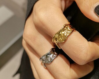 Artisan Gift for Her Edna Surrealist Gemstone Molten Gold Ring 18K Gold Filled Colorful Gemstone Chunky Gold Band