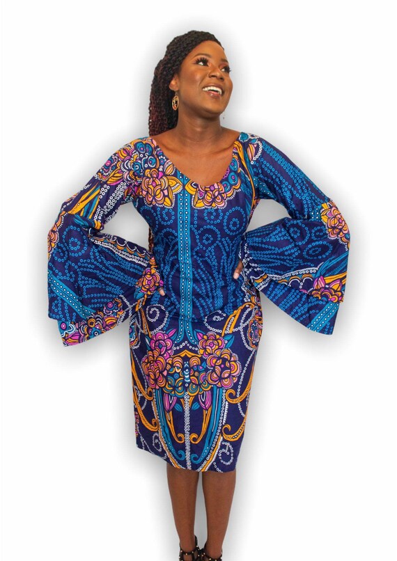 Ankara Sheath Dress With Long Bell Sleeves Etsy