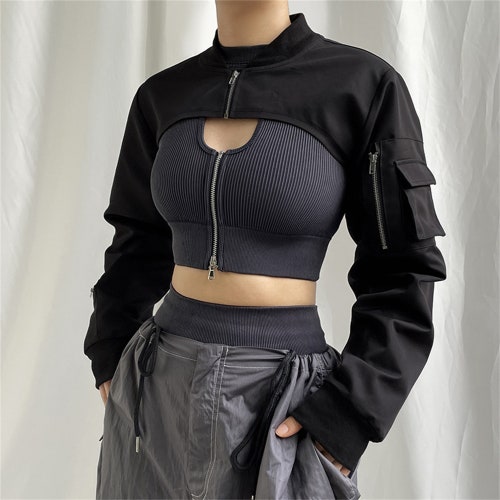 Y2k Open Breast Long Sleeve Crop Top /rave Festival Techwear - Etsy