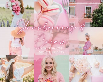 May include: A collage of images featuring a pink and cream color scheme. The images include a bouquet of pink flowers, a plate of macarons, a pink building, a woman wearing a pink outfit, a woman with blonde hair, and a gift wrapped in pink paper.