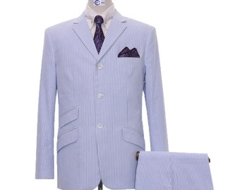 Men Seersucker Suit Tailored 3 Button Mod Suit