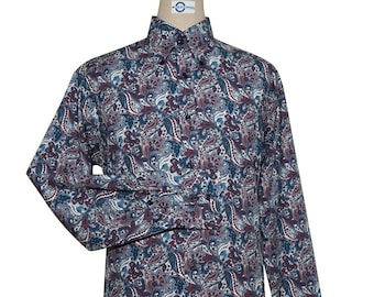 60s Style Navy Blue and Burgundy Paisley Shirt