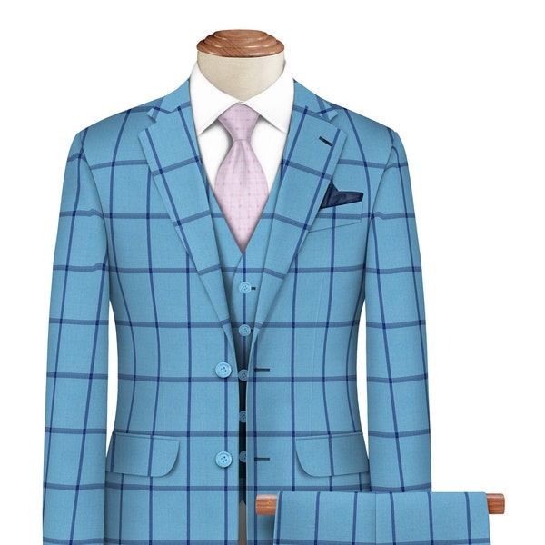 Men's 3 Piece Suit | Sky Blue Windowpane Check Suit