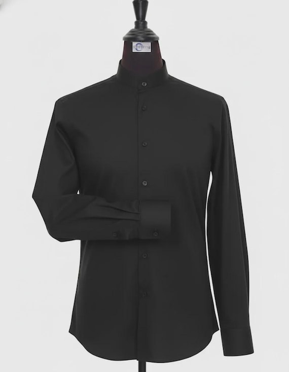 Vintage Style Black Mandarin Collar Shirt - Tailored Fit Vintage Style Black Mandarin Collar Shirt - Tailored Fit