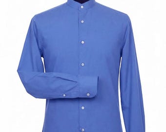Men's Vintage Style Blue Mandarin Collar Cotton Shirt