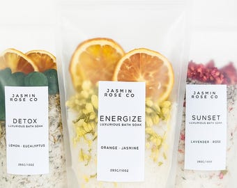 Luxury Bath Soak Set, Bulk Bath Salts, Wholesale Bath Salts bags, Bath Salts for Events, Babyshower Gifts, Bridal Shower Gifts, All Natural