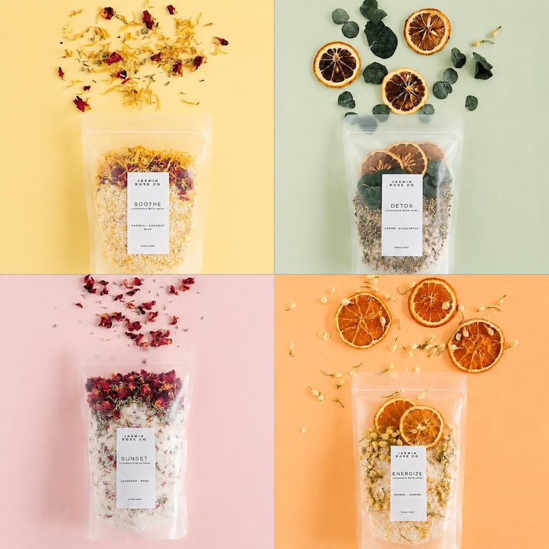 May include: Four clear pouches of bath products with labels, each on a different colored background. The pouches are labeled "Soothe", "Detox", "Sunset", and "Energize". Dried flowers and orange slices are arranged around the pouches.