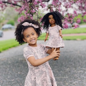 Matching Girl and 18-Inch Doll Dresses in Cherry Blossom Print headband not included image 1