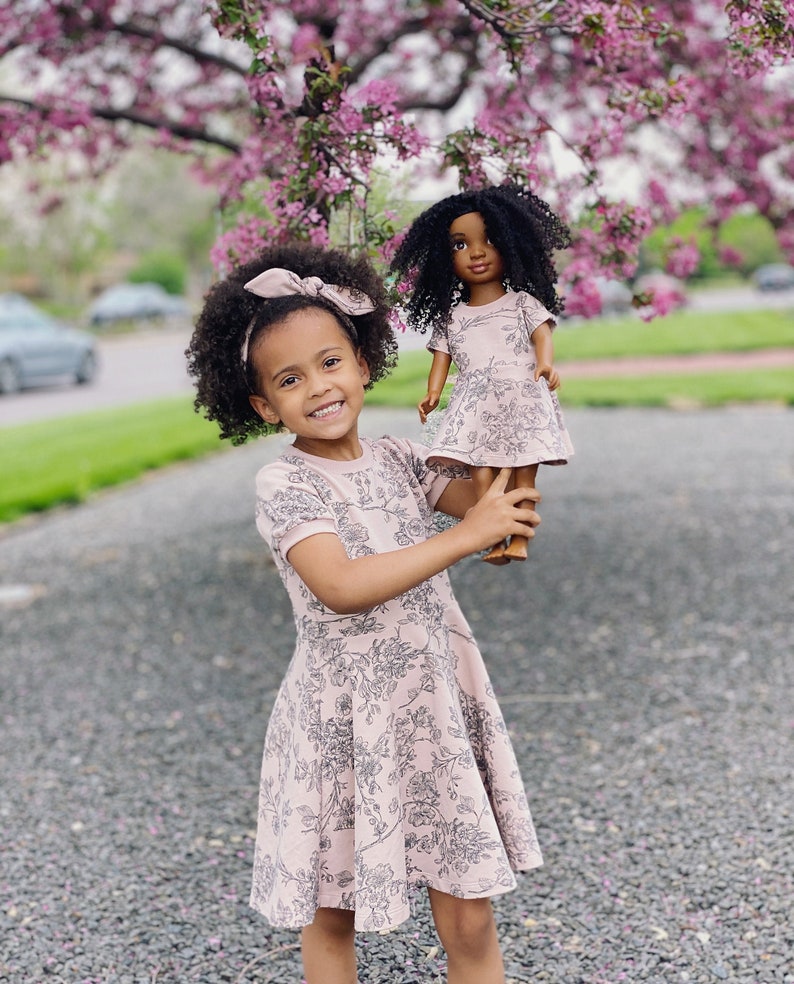 Matching Girl and 18-Inch Doll Dresses in Cherry Blossom Print headband not included image 1