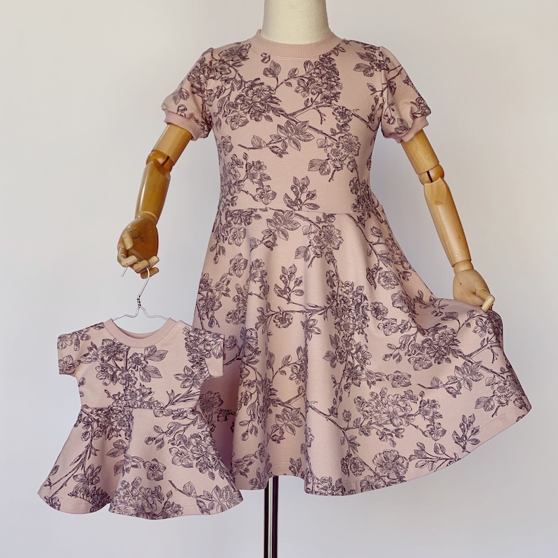 Matching Girl and 18-Inch Doll Dresses in Cherry Blossom Print headband not included image 3