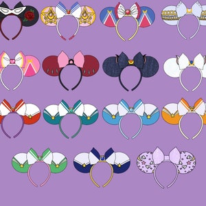 May include: A set of 18 colourful mouse ears with various designs, including stars, bows, and crowns. The ears are made of felt and have a headband.