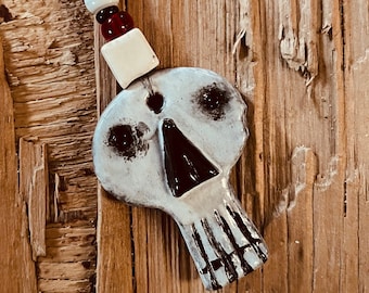 Fun Handmade Ceramic Skull Pendant with Beaded Necklace