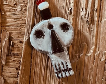 Funky Handmade Ceramic Skull Pendant with Beaded Necklace