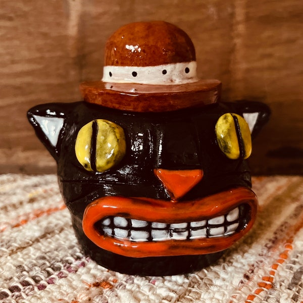 Cat with a Hat One-of-a-kind handmade Ceramic Face Jar with Lid