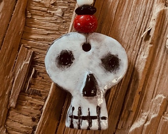 Fab Handmade Ceramic Skull Pendant with Beaded Necklace