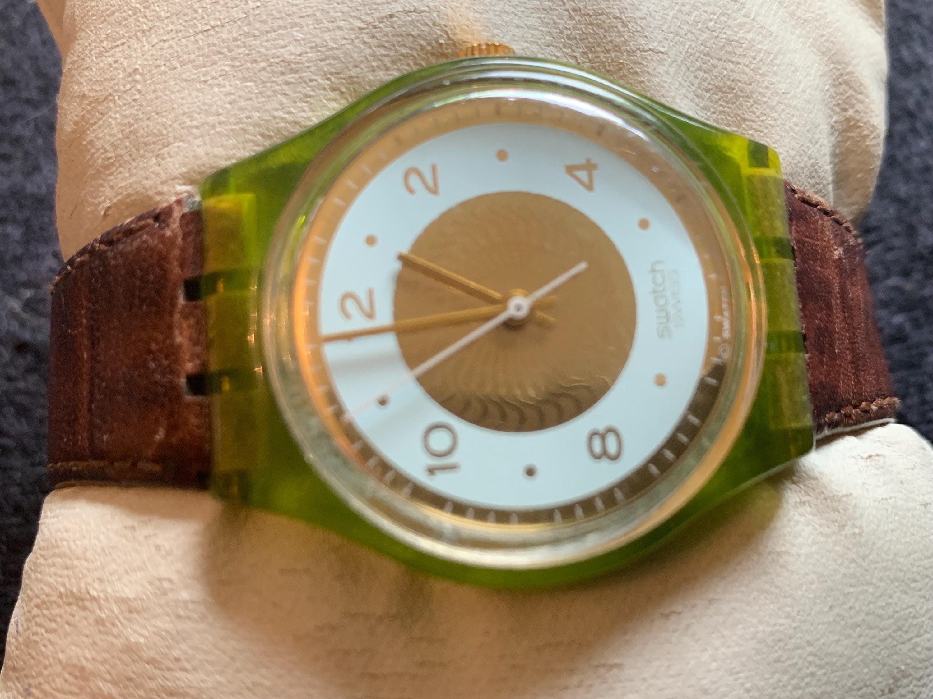 Vintage Yellow/green AG 1991 Swatch Watch With Original Brown