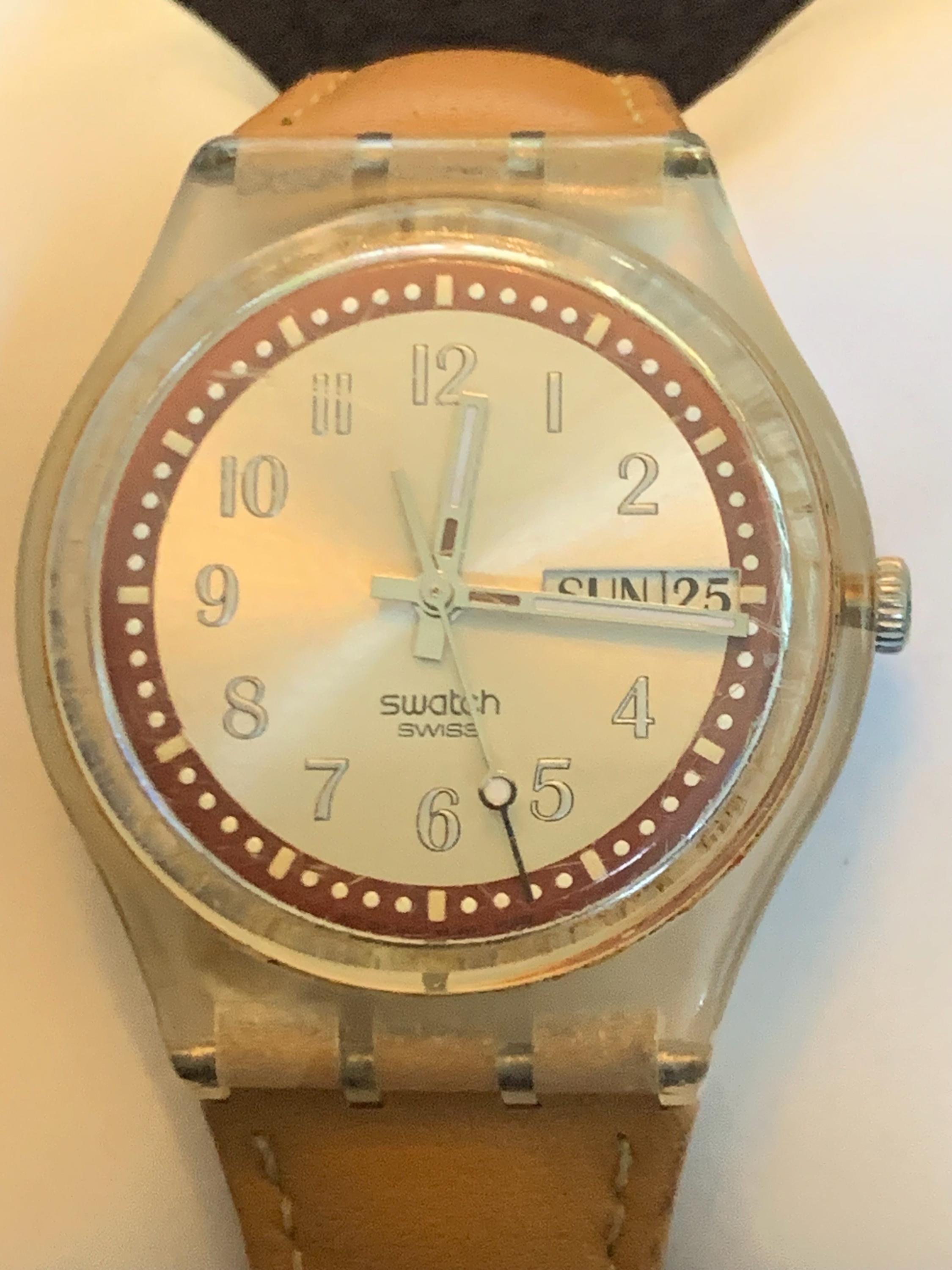 Vintage Swatch Croissant Chaud 2002 Swiss Watch 34mm Day Date Brown Leather Swatch Day Date - Etsy main image 2