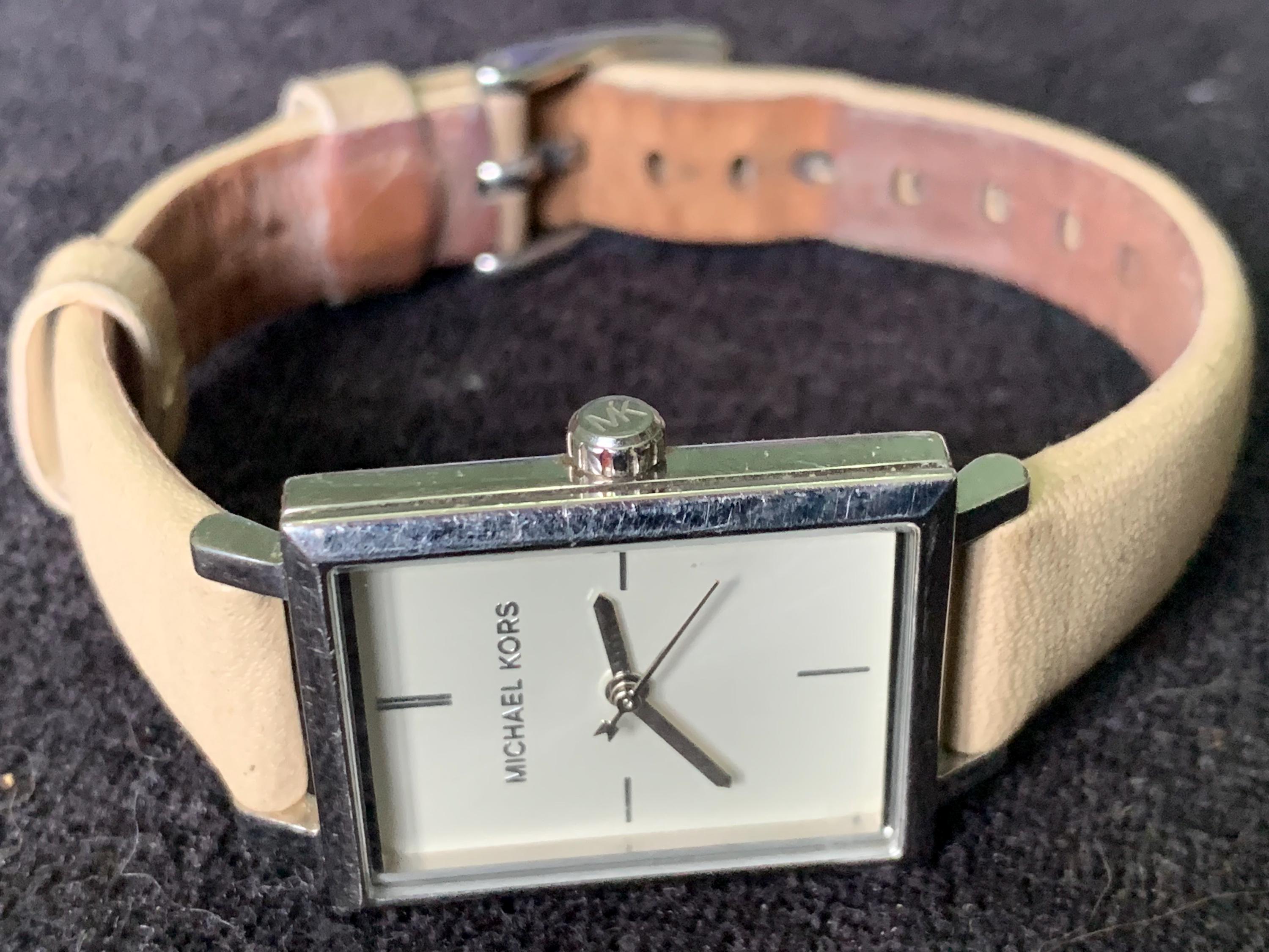 Michael Kors Taylor Tank 26mm Silver Tone Watch Brown Leather w New Battery Taylor Wristwatches | eBay main image 4