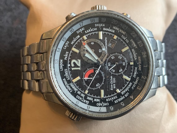 Citizen Eco WR100 Chronograph Alarm Panda Style Silver Tone Men's