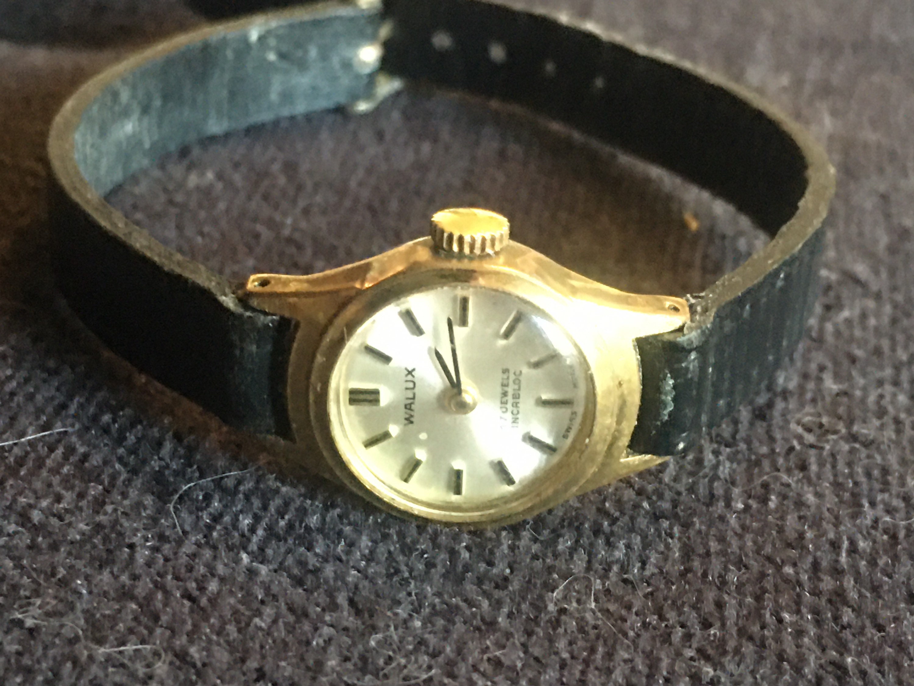 Montre Femme Vintage HEURLUX - Mécanique à Remontage Manuel - Plaqué Or - Cadran Doré - Cuir Marron