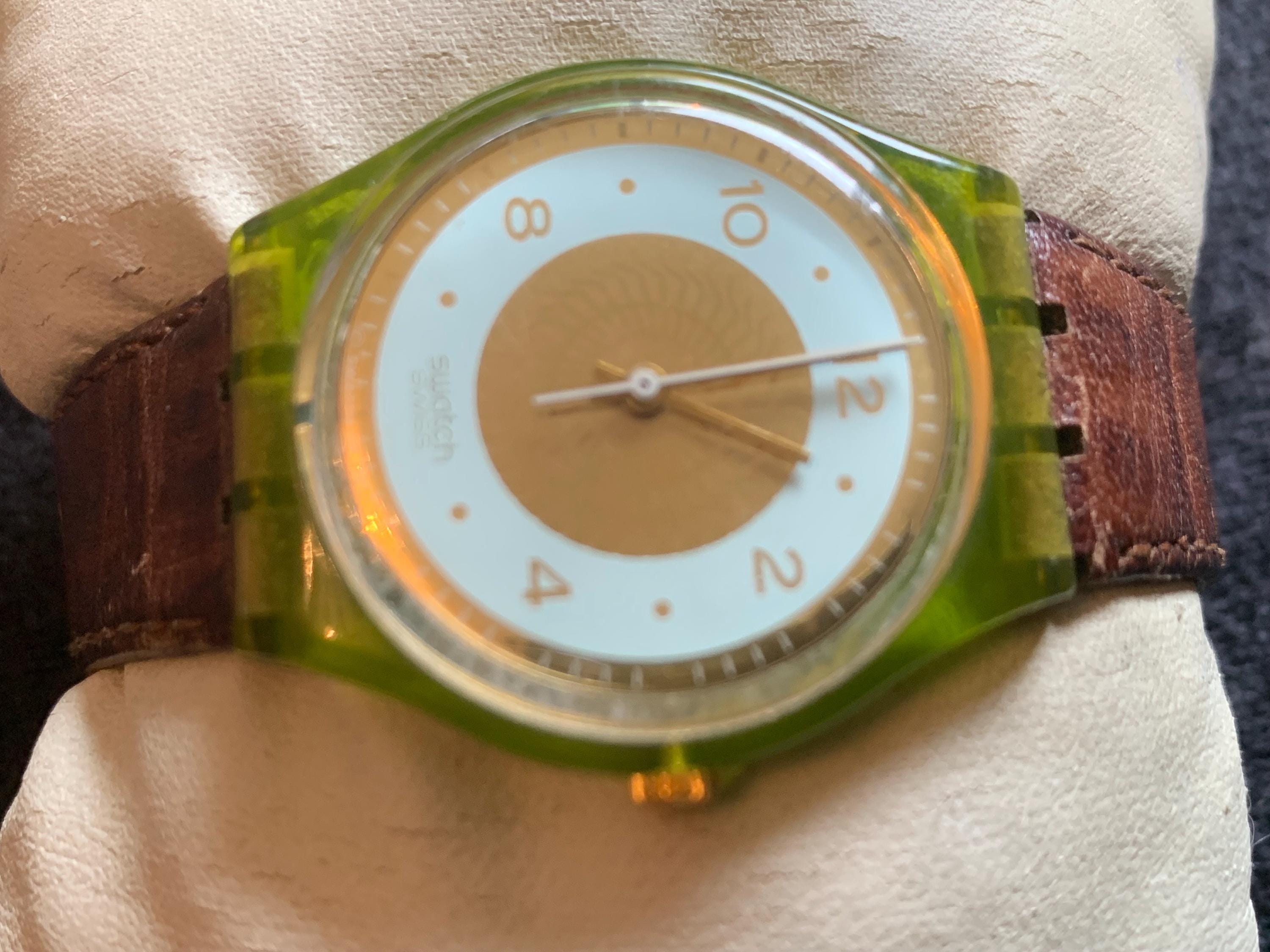 Vintage Yellow/green AG 1991 Swatch Watch With Original Brown 