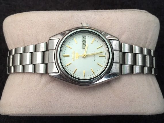 Vintage Rare Seiko 5 Silver Tone Automatic Watch White Face French