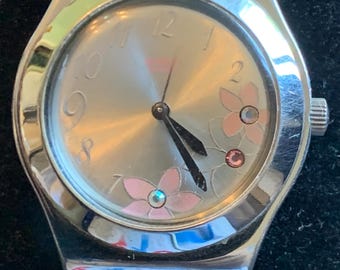 Vintage Rare Swatch Pink Elegance Irony Stainless Steel unisex Silver tone Watch With Pink Leather strap
