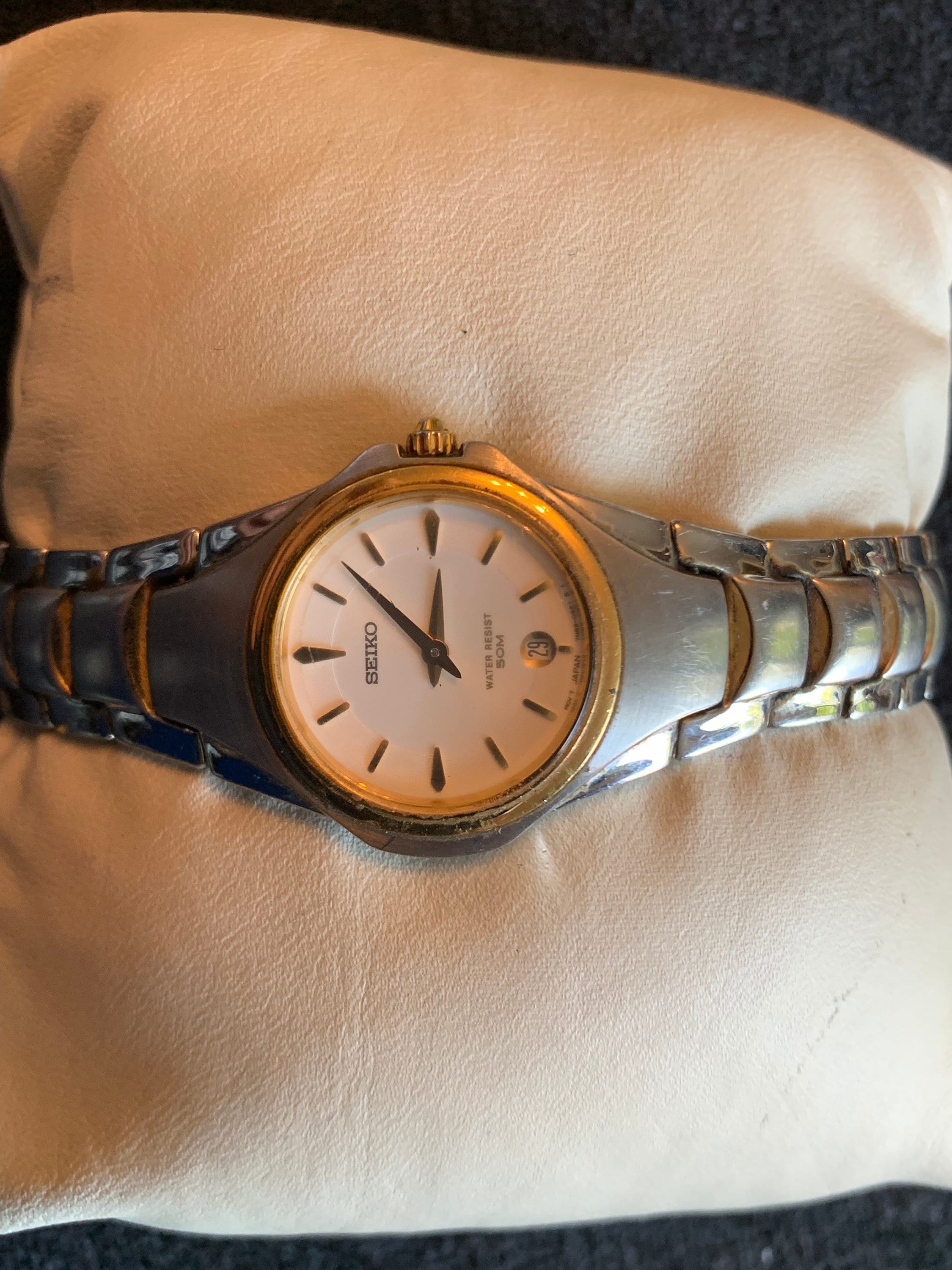 Seiko Silver and Gold Watch with Round white face cabochon crown 50mm water resi Seitona | Silver - Gold (White) – MCW main image 3