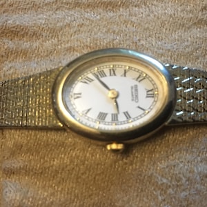 May include: A gold-toned oval-shaped wristwatch with a white face and Roman numeral hour markers. The watch has a gold-toned metal band.