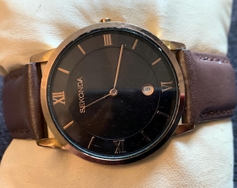 Vintage Sekonda Gold-Ton Herrenuhr mit braunem Lederarmband
