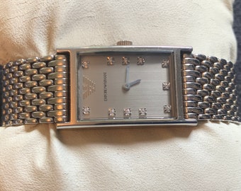 Vintage Emporio Armani Diamond Silver tone AR3112 Reloj de cuarzo estilo tanque para mujer