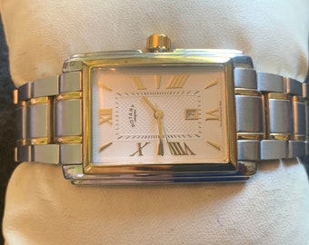 Vintage Mens Rotary tank style Silver Steel and  Gold plated watch