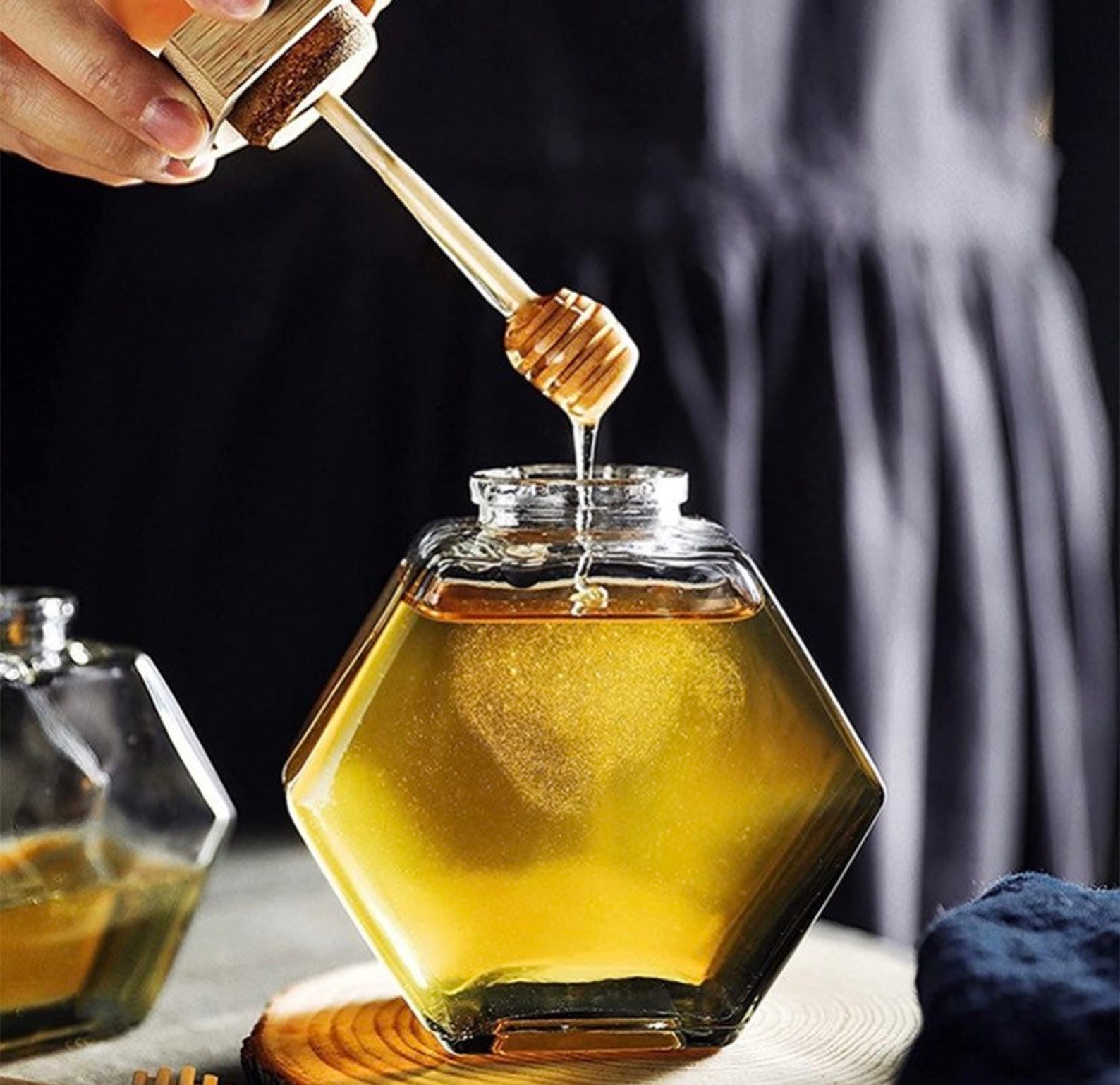 Honey Glass Jar With Wooden Dipper Etsy