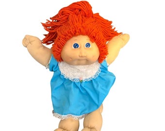 Vintage Cabbage Patch Kids Doll Orange Yarn Hair Blue Eyes Blue Lace Dress 80s