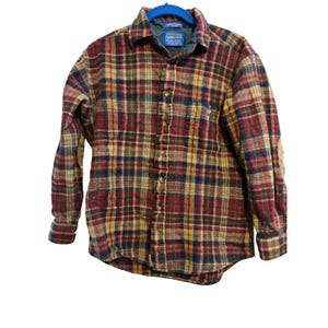 Vintage Pendleton Wool Flannel Shirt Plaid Red Blue Elbow Patches Mens Large image 1