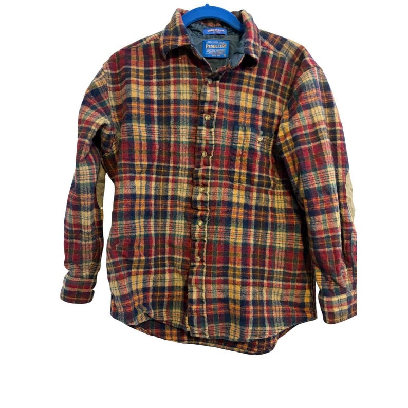 Vintage Pendleton Wool Flannel Shirt Plaid Red Blue Elbow Patches Mens Large image 1