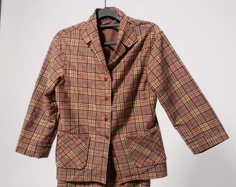Vintage 3-Piece Blazer Skirt Suit Set Pink Red Tan Plaid Cottagecore Academia