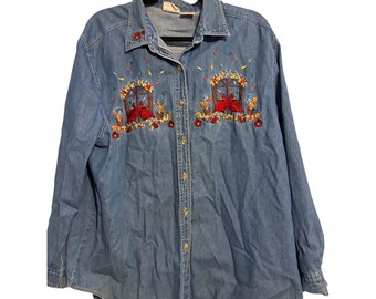 Bobbie Brooks Vintage Denim Shirt Cottagecore Blue Embroidered Cardinal XL